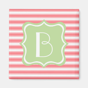 Coral Pink and Mint Green Stripe Monogram Magnet