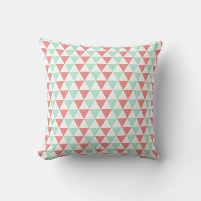 Coral Pink and Mint Green Triangle Pattern Throw Pillow (Front)