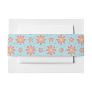 Coral pink and powder blue delicate daisy flowers invitation belly band