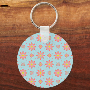 Coral pink and powder blue delicate daisy flowers  keychain