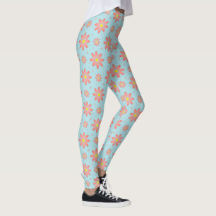 Coral pink and powder blue delicate daisy flowers leggings