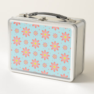 Coral pink and powder blue delicate daisy flowers  metal lunch box