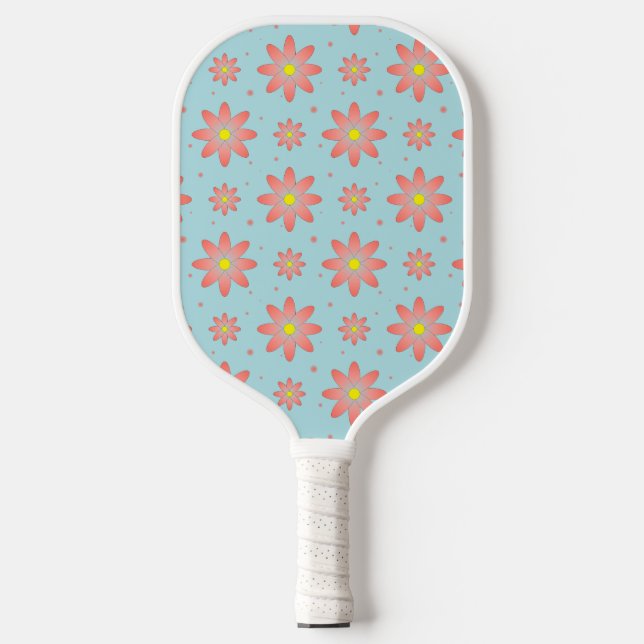 Coral pink and powder blue delicate daisy flowers  pickleball paddle (Front)
