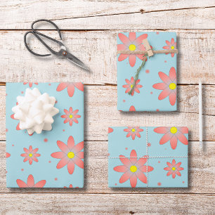 Coral pink and powder blue delicate daisy flowers  wrapping paper sheet