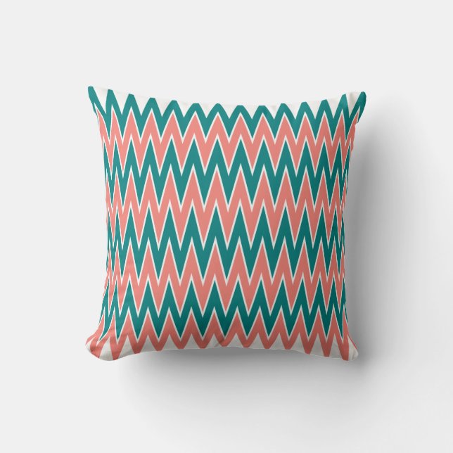 Coral Pink and Teal Zigzag Pattern Throw Pillow (Front)