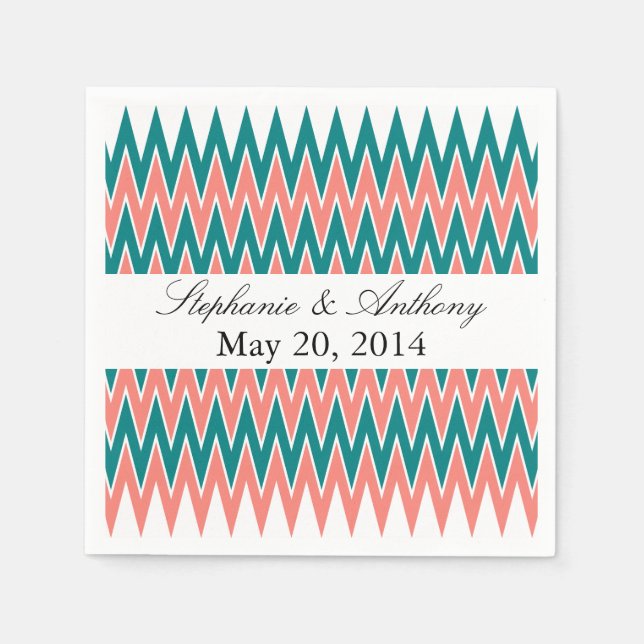 Coral Pink and Teal Zigzag  Wedding Napkin (Front)