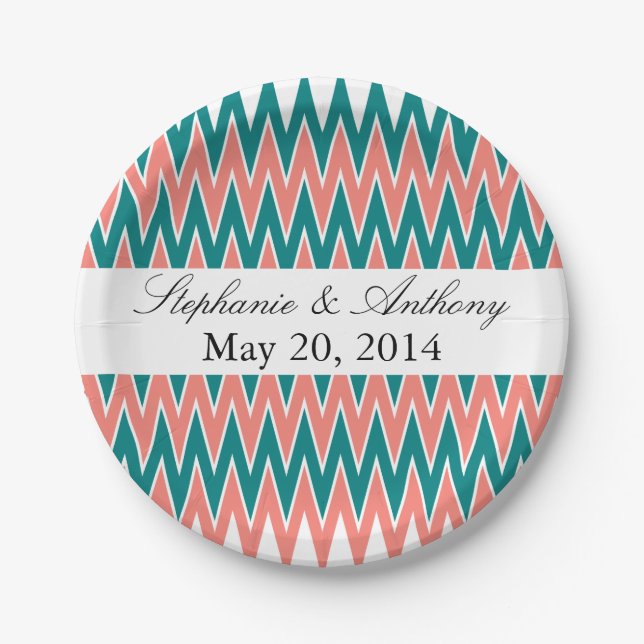 Coral Pink and Teal Zigzag  Wedding Paper Plate (Front)