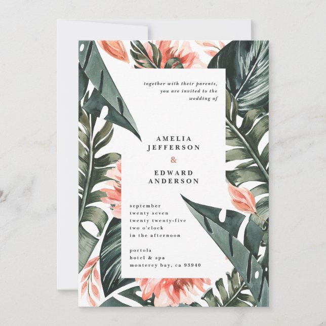 Coral pink and tropical leaf foliage wedding (Front)
