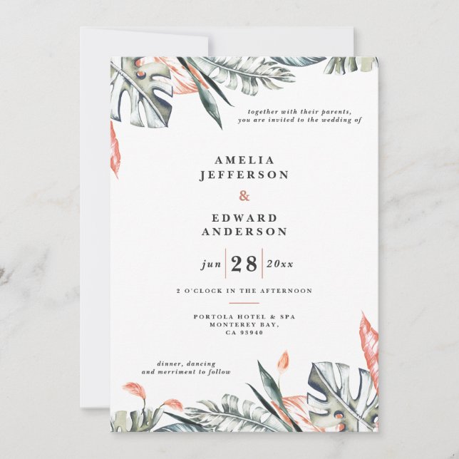 Coral pink and tropical leaf foliage wedding (Front)