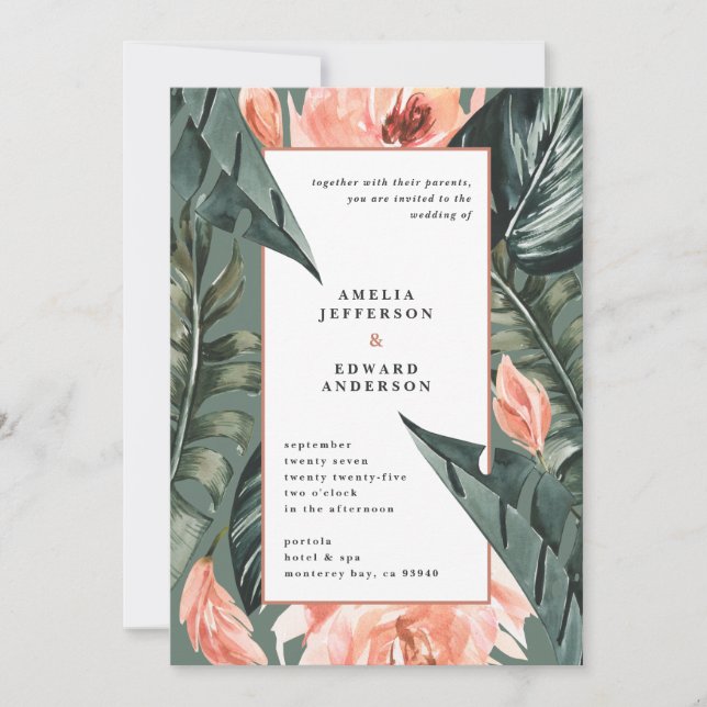 Coral pink and tropical leaf foliage wedding (Front)