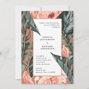 Coral pink and tropical leaf foliage wedding
