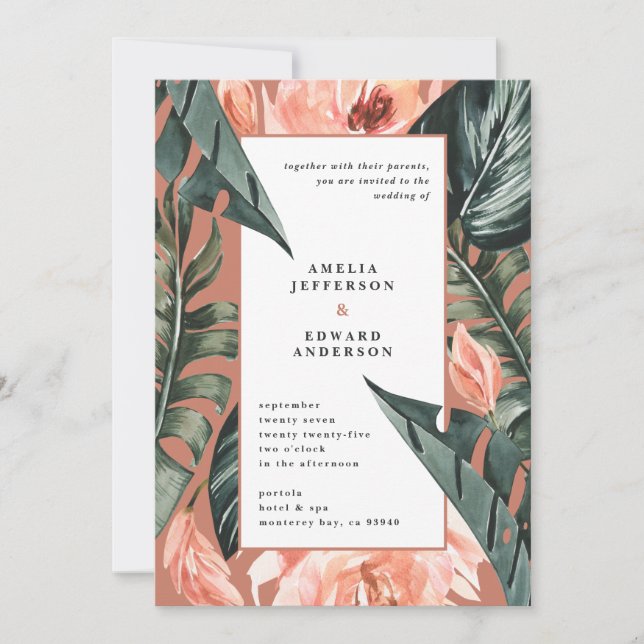 Coral pink and tropical leaf foliage wedding (Front)