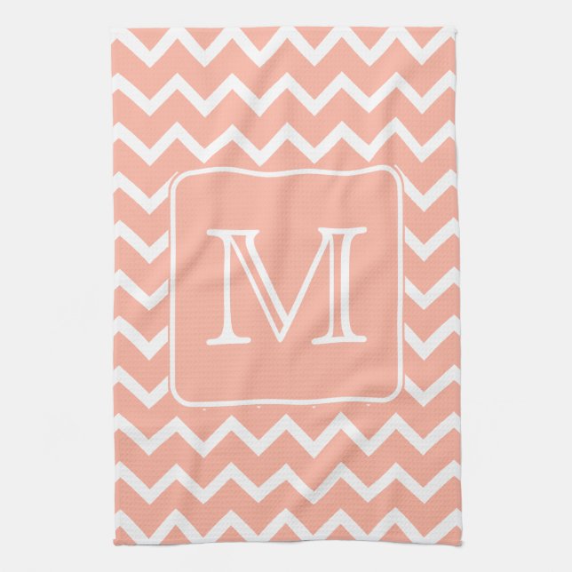 Coral Pink and White Chevron with Custom Monogram. Kitchen Towel (Vertical)