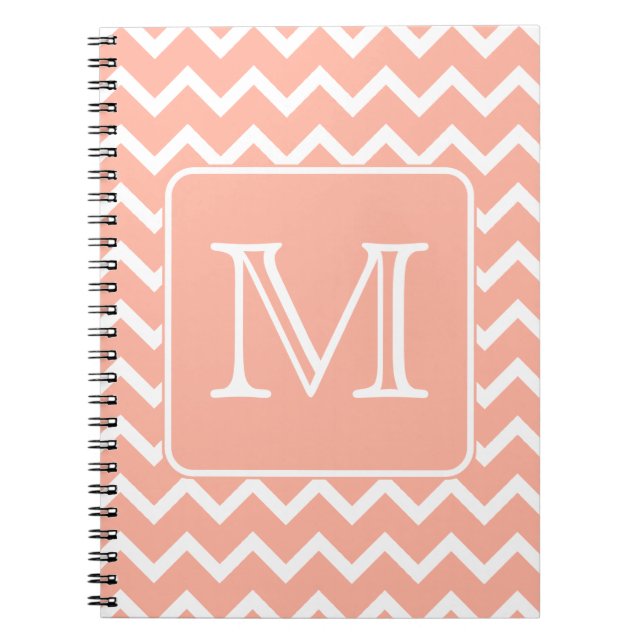 Coral Pink and White Chevron with Custom Monogram. Notebook (Front)