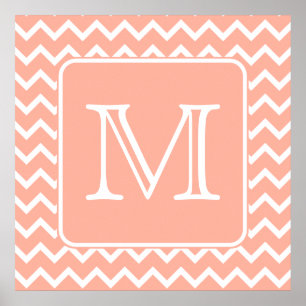 Coral Pink and White Chevron with Custom Monogram. Poster