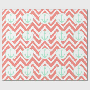 Coral Pink and White Chevron with Mint Nautical Wrapping Paper