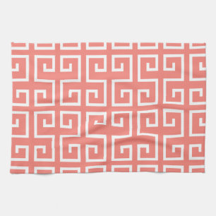 Coral Pink and White Geometric Pattern Kitchen Towel