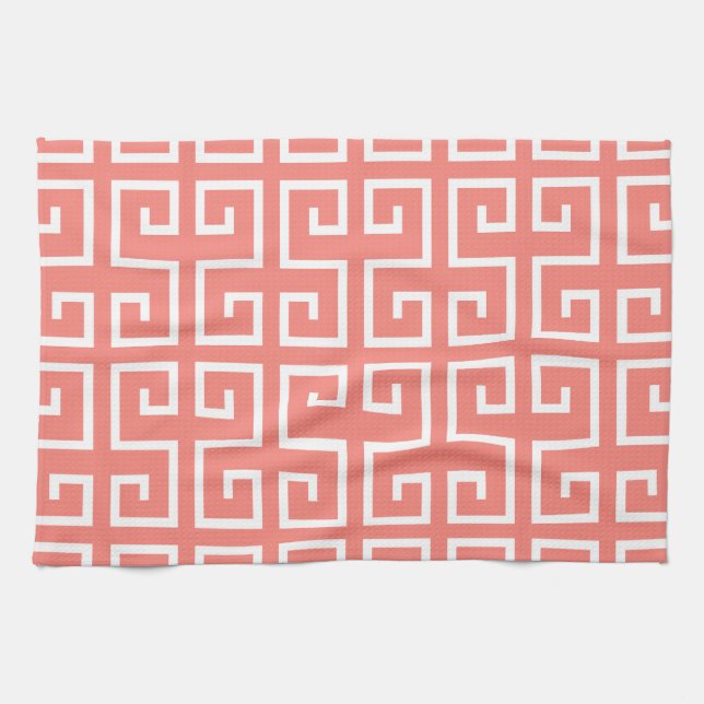 Coral Pink and White Geometric Pattern Kitchen Towel (Horizontal)