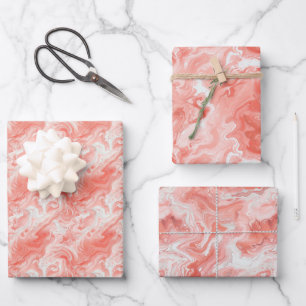 Coral Pink and White Marble-Like Fluid Pattern Wrapping Paper Sheet