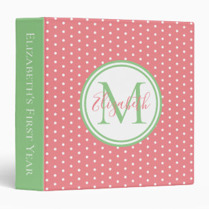 Coral Pink and White Polka Dot Monogram Memory Binder
