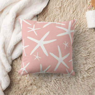Coral Pink and White Starfish Beach House Throw Pillow