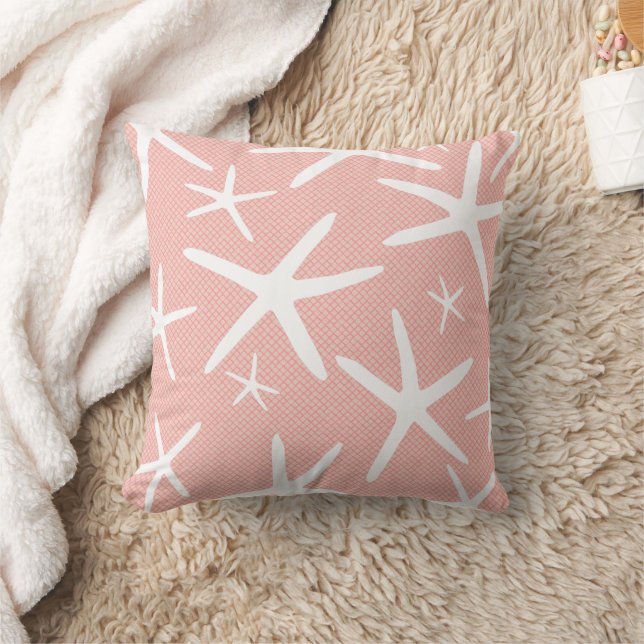 Coral Pink and White Starfish Beach House Throw Pillow (Blanket)