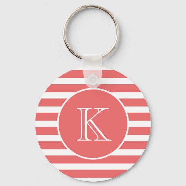 Coral Pink and White Stripes with Monogram  Keychain (Front)