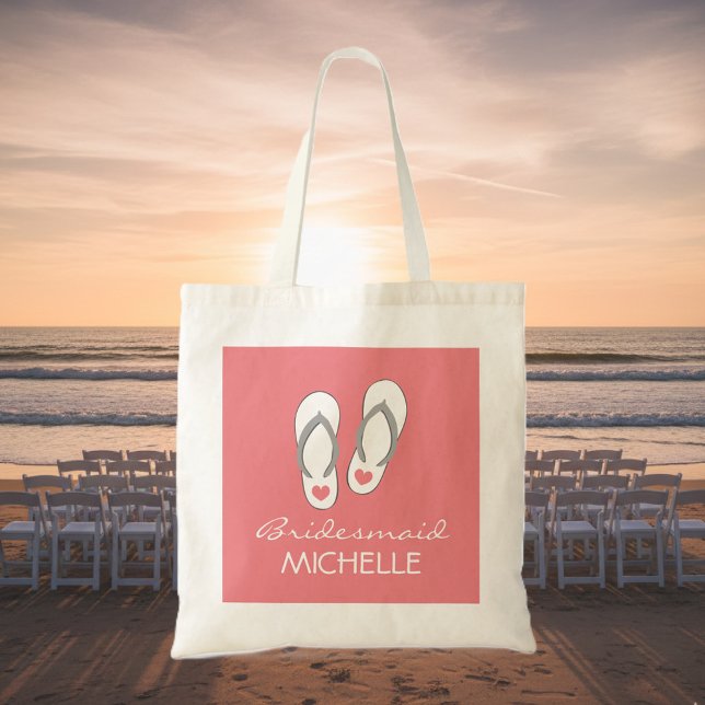 Coral pink beach flip flops wedding tote bags (beach wedding tote bag)