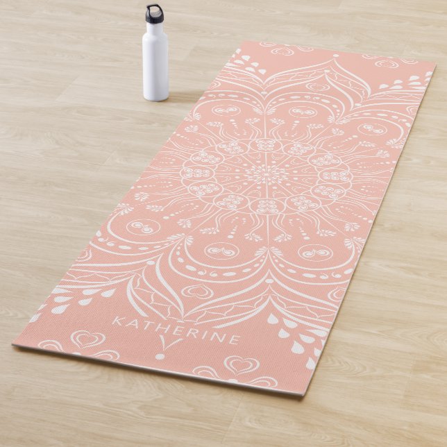 Coral Pink  Beautiful Mandala Personalized Boho Yoga Mat (In Situ)