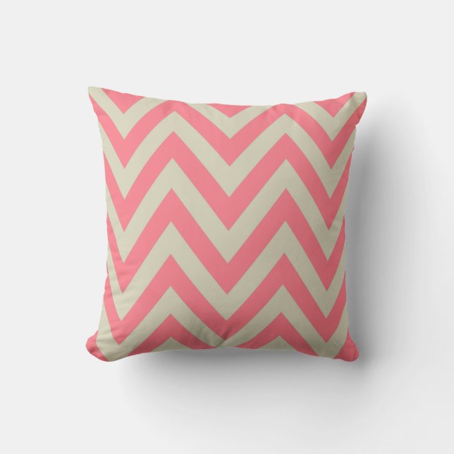 Coral Pink  Beige  ZigZag  Stripes Chevron Pattern Throw Pillow (Front)