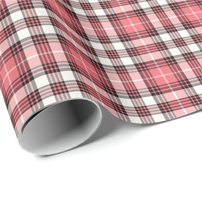 Coral Pink, Black and White Girly Plaid Pattern Wrapping Paper (Roll Corner)