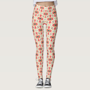 Coral Pink Blue Geometric Floral Pattern Leggings