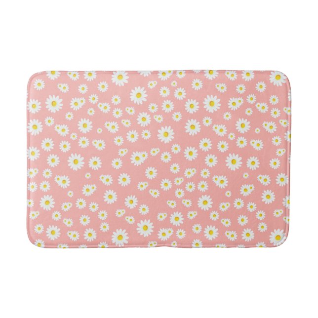 Coral Pink Boho Spring Daisies Pattern Bath Mat (Front)