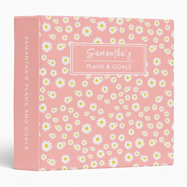 Coral Pink Boho Spring Daisies Pattern Binder (Front/Spine)