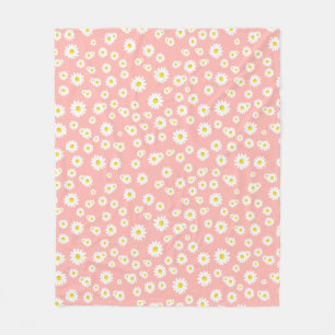 Coral Pink Boho Spring Daisies Pattern Fleece Blanket