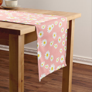 Coral Pink Boho Spring Daisies Pattern Medium Table Runner