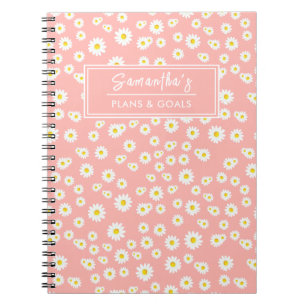 Coral Pink Boho Spring Daisies Pattern Notebook