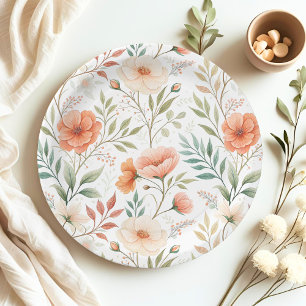 Coral Pink Boho Watercolor Wildflower Baby Shower Paper Plate