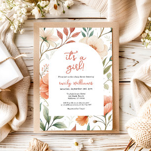Coral Pink Boho Wildflower Its a Girl Baby Shower Invitation