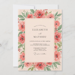 Coral Pink Botanical Watercolor Wedding Invitation