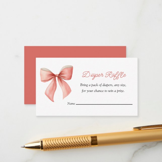 Coral Pink Bow Diaper Raffle  Enclosure Card (Front/Back In Situ)