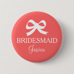 Coral pink bridesmaid button for wedding party