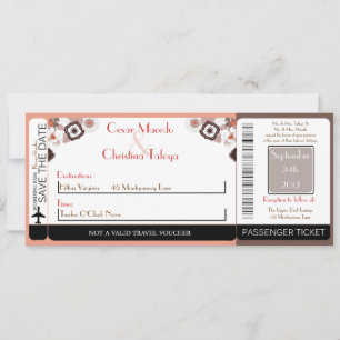 Coral Pink Brown Boarding Pass Wedding Invitation