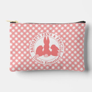 Coral Pink Bunnies & Gingham Pattern Personalized Accessory Pouch