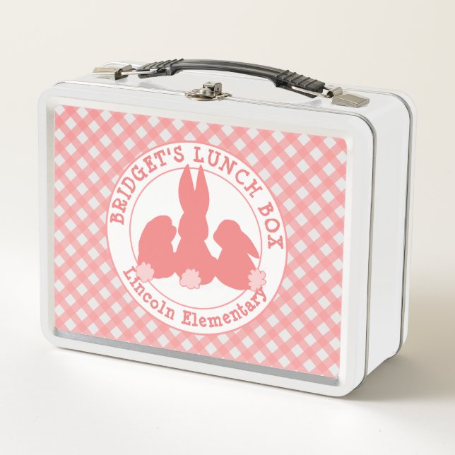 Coral Pink Bunnies & Gingham Pattern Personalized Metal Lunch Box (Front)