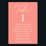 Coral Pink Calligraphy Seating Chart Table Number<br><div class="desc">Elegant white calligraphy "table",  with guest names listed and table number,  wedding table number seating chart card. Background colour shown in coral pink,  can be customized.</div>