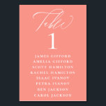 Coral Pink Calligraphy Seating Chart Table Number<br><div class="desc">Elegant white calligraphy "table",  with guest names listed and table number,  wedding table number seating chart card. Background colour shown in coral pink,  can be customized.</div>