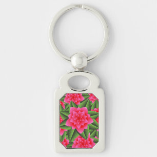 Coral Pink Camellias and Green Leaves Keychain