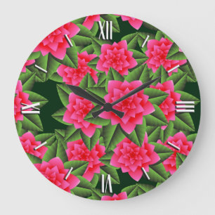Coral Pink Camellias and Green Leaves Large Clock