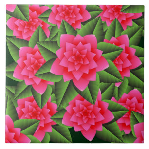 Coral Pink Camellias and Green Leaves Tile